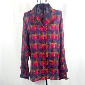 VINTAGE 90’s STUNT Women’s 100% Silk‎ Button Up Blouse Medium Plaid Design